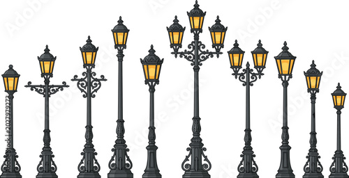 Obraz na płótnie Vintage street lamps vector illustration set with classic black wrought iron lam