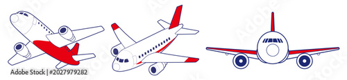 赤の飛行機イラストセット（旅客機の上面・斜め・正面アングル航空デザイン素材）