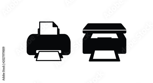 Canvas Print Two black printer silhouettes with paper modern office equipment isolated on a w