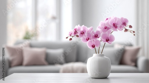 Elegant pink orchids in a white vase on a table in a bright living room