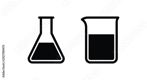 Tableau sur toile Erlenmeyer flask and beaker silhouettes with dark liquid isolated on a white bac