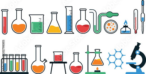 Bild auf Leinwand Laboratory equipment illustrations with test tubes, flasks, beakers, burners, mi