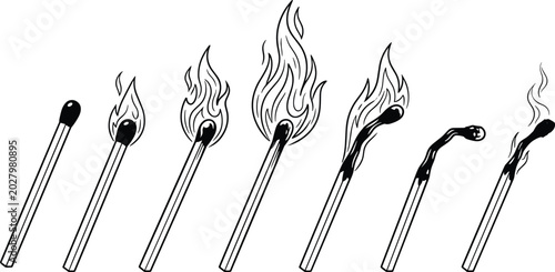 Photos Matchstick burning progression illustrations showing ignition, flames, charred s