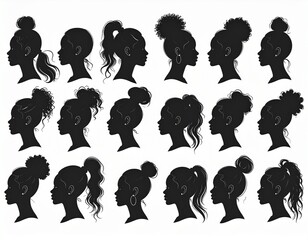 Collection of Women Ponytail Hairstyles Silhouettes with Elegant Female Side Profiles Vector Set