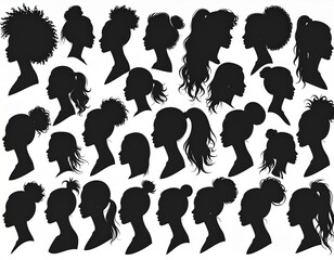 Collection of Women Ponytail Hairstyles Silhouettes with Elegant Female Side Profiles Vector Set