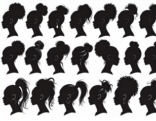Collection of Women Ponytail Hairstyles Silhouettes with Elegant Female Side Profiles Vector Set