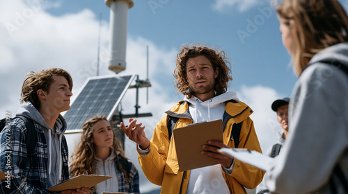 Outdoor education group of students gathered around a solar-powered weather monitoring station in highland meadow, teacher explaining atmospheric sensor readings, clipboards in hand, summer solstice