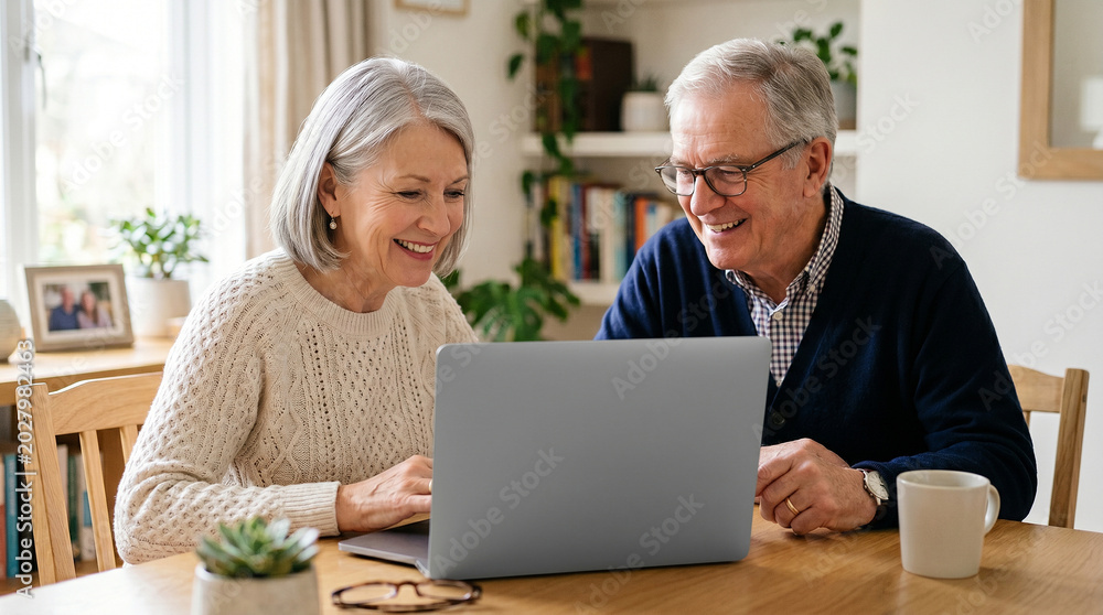 Fototapeta premium Happy senior couple using laptop together at home