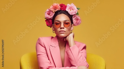 Stylish woman with flower crown and sunglasses on yellow background