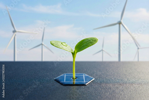 A small green plant sprout growing out of a mini solar panel with wind turbines in the background, symbolizing sustainable renewable energy.