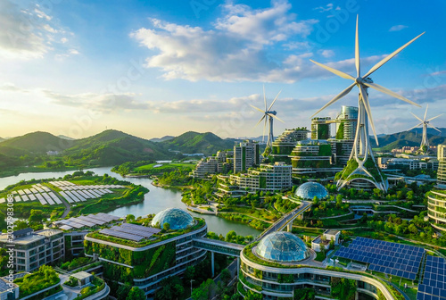 Futuristic smart green eco city powered by wind turbines and solar panels, showcasing sustainable architectural design and renewable energy.