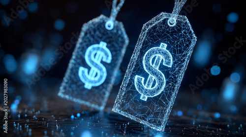 Digital price tag set with neon glowing dollar sign.