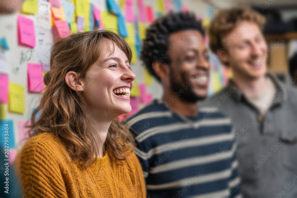 Obraz premium Team of positive young people standing front of whiteboard with colorful sticky notes. Their approach to problem-solving and project planning. In office industrial chic vibe. Generative AI image