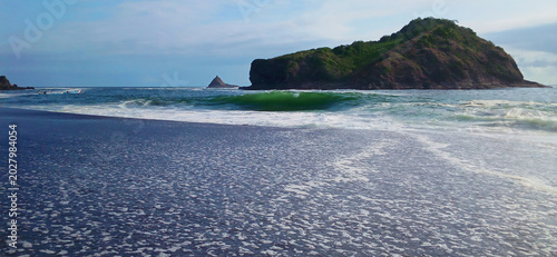 Photos Foaming waves on a dark sand beach approaching a green vegetated rocky island fo