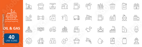 Oil & Gas Industry Icon Set. Petroleum Energy Outline Collection. Refinery, Pipeline, Drilling, Fuel Station, Offshore Platform Icons. Editable Stroke. Vector Illustration