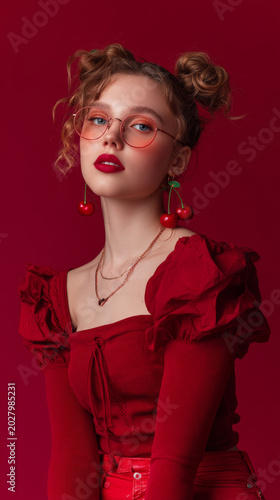 It is cherry girl. Fashion shoot of young girl in trendy and moder cherry red color palette.