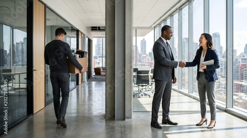 Conceptual business image showing employment transition with a man leaving with a box while a diverse pair of professionals shake hands.