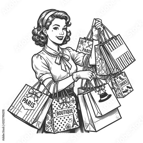 smiling woman carrying multiple boutique and sale shopping bags sketch engraving generative ai fictional character vector illustration. Scratch board imitation. Black and white image.