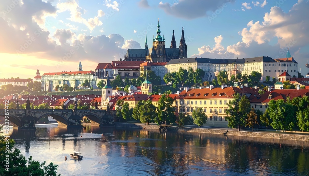 Obraz premium Panoramic view of Prague Castle at sunset over Vltava River with historic architecture
