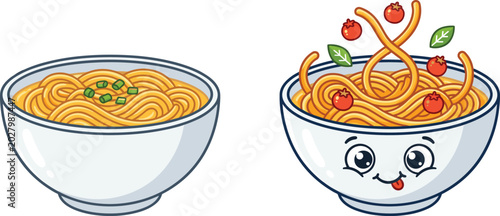 Photos Cute cartoon noodle bowl vector set featuring simple spaghetti soup with scallio