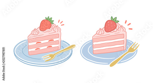 Quadro em tela Delicious Strawberry Cake Slices with Forks on Blue Plates