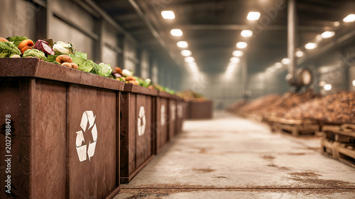 Close-up of a container with organic food waste and vegetable peels at an industrial composting station, with rows of containers filled with recyclable raw materials.