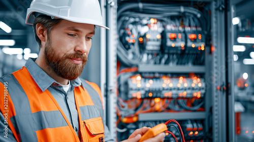 An electrical engineer checks the equipment in the server room or electrical cabinet using a digital multimeter to measure the voltage.