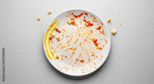 Empty white plate with leftover sauce and bread crumb. Dirty dish after dining. Food waste and hunger concept. Concept of finishing a meal or lack of appetite in minimalist style.
