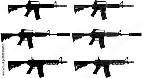 Schilderij op canvas M4A4 and M4A1 Rifle Silhouette Vector Pack with and without Silencer