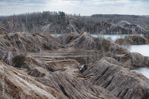 Bild auf Leinwand Dramatic rocky landscape with rugged terrain and sparse birch trees scattered amidst the hills, creating a stark contrast against the barren earth