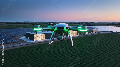 Drone flying over solar panels farm.