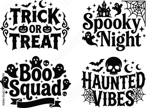 Foto Four unique halloween graphics with spooky ghosts, pumpkins, bats, and skulls, flawless for electronic projects