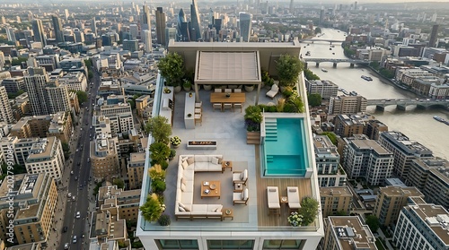 Aerial view of modern luxury rooftop terrace with swimming pool in london