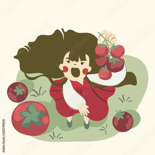 Tomato Tiny Girl Harvest Illustration