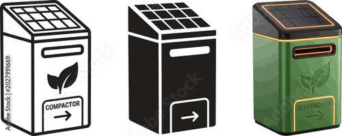 Bild auf Leinwand Solar powered smart waste compactor icons a versatile set in outline glyph and r