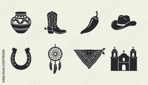 Set of black silhouettes of Western icons including cowboy boot hat and dreamcatcher