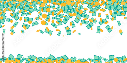 Tableau sur toile Falling money and gold coins. Top and down borders.