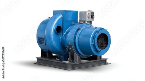 Industrial dust exhaust ventilation centrifugal fan air blower assembly with electric motor cross-section, isolated on white background with soft shadow, hvac air handling equipment, industrial ventil
