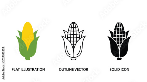 Flat illustration, outline vector, and solid icon of corn on the cob for agriculture and food concepts