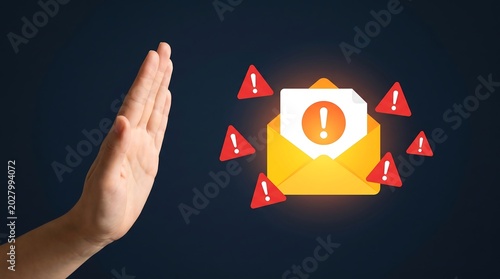 Person blocking email spam and phishing threats illustrated by a yellow envelope icon with red warning signs on a dark background for cybersecurity awareness and protection