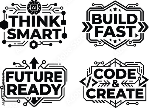 Bilde på lerret Vector group of four up-to-date black and white tech emblems for AI, smart thinking, swift development, and future-ready concepts