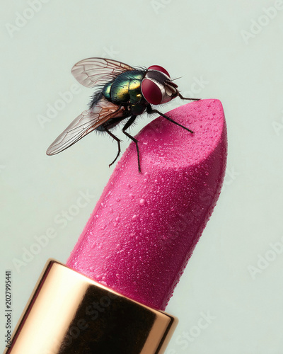 Surreal concept macro shot of a green blowfly sitting on bright pink lipstick