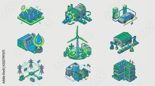 Photography Isometric illustrations of renewable energy sources and sustainable technologies