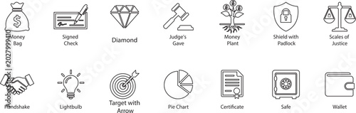 Business law and financial security outline vector icon set