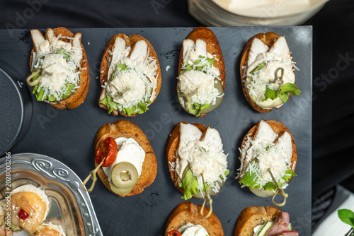 Top Angle View of Assorted Gourmet Catering Bruschetta Appetizers