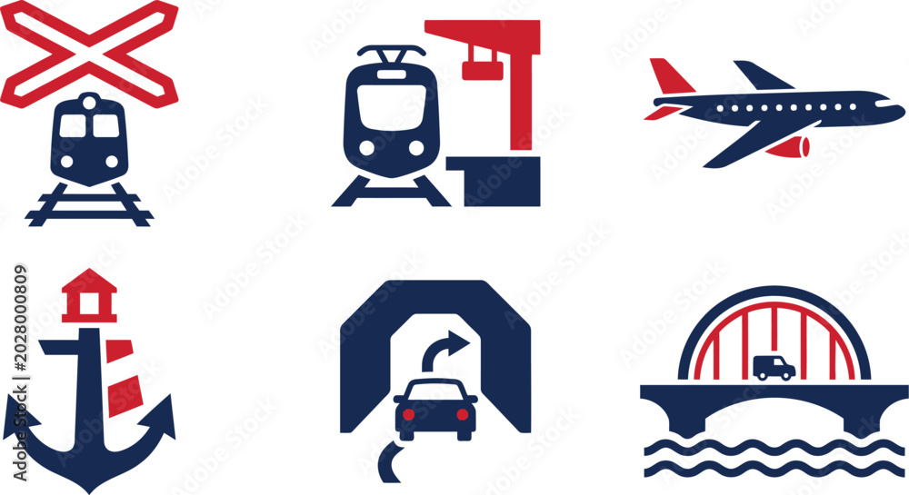 Obraz premium Flat Transportation Vector Icons Representing Logistics Shipping and Travel Infrastructure