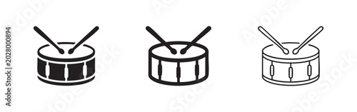 Tableau sur toile Snare Drum and Drumsticks Icon Set: Solid, Outline, and Line Art