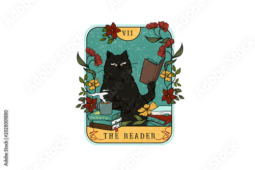Fotografija The Reader Black Cat Tarot Card Floral Sublimation Design