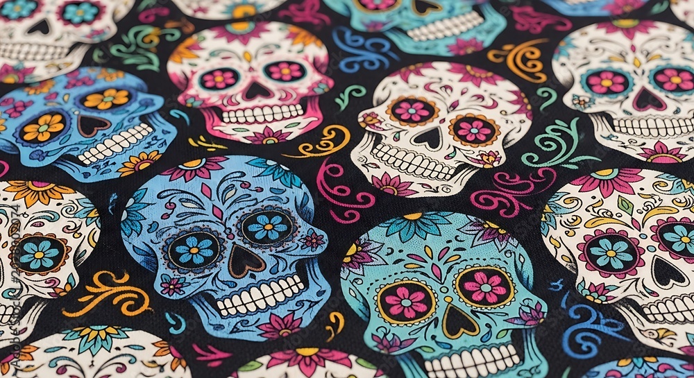 Fototapeta premium Colorful sugar skull pattern background for Day of the Dead celebration