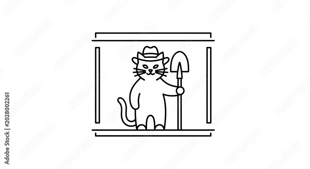 Fototapeta premium Cartoon Cat Cowboy with Shovel in Frame - Funny Animal Illustration